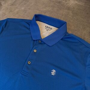 IZOD Advantage Polo Shirt Mens Large Blue Grid Performance Golf Short Sleeve